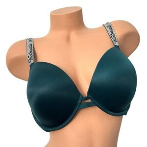 VICTORIA'S SECRET 38DD Very Sexy Push-Up Plunge Add 1 Cup Bra Smooth Satin Green
